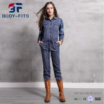 Salopete din denim cu mâneci lungi pentru femei