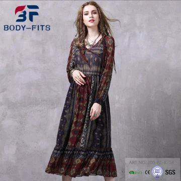 Rochie vintage cu mânecă lungă imprimată